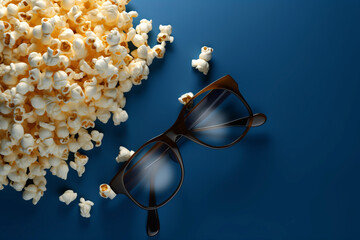 Glasses and popcorn on blue background, top view. Cinema concept, copy space