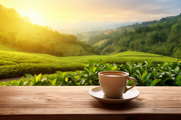 Coffee cup or tea on wooden table over tea plantation background at sunset, copy space - obrazy, fototapety, plakaty