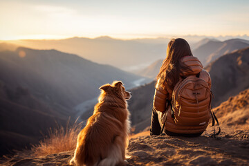 A charming traveler girl and her border collie dog are enjoying the sunset in the mountains. Traveling with a dog - obrazy, fototapety, plakaty