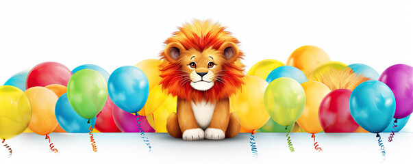 Funny cartoon cute lion with color baloons on white background.