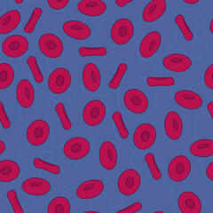 Vector flat blood cell seamless pattern illustration. Streaming erythrocytes on deep blue background.
