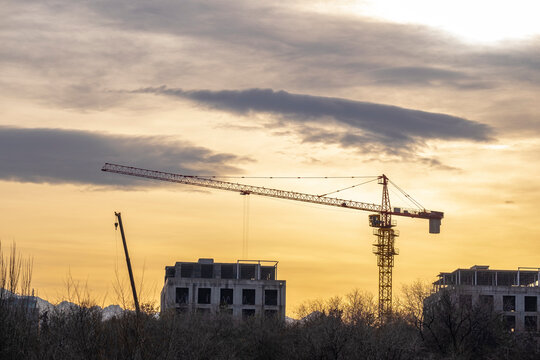 Construction cranes against sunset background.