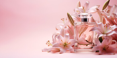 Luxury cosmetic mock up of perfume bottle and flowers on pink gradient background, A bottle of perfume with flowers on the pink background, generative AI


