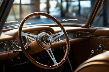 Vintage car interior. Close-up of steering wheel and dashboard - Powered by Adobe