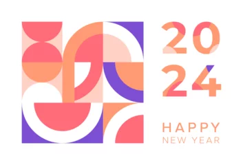 Foto op Canvas Joyeux nouvel an 2024 bannière avec numéro. Carte de vœux pour la célébration de la nouvelle année 2024. Design vectoriel, fond coloré et éditable. Symbole, formes géométriques violet et rose © Fluffy Agency
