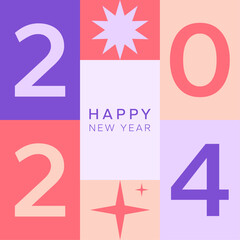 Joyeux nouvel an 2024 modèle carré avec numéro. Carte de vœux coloré et festive pour la célébration de la nouvelle année 2024. Design vectoriel, illustration,  fond coloré et éditable. Rose et violet.