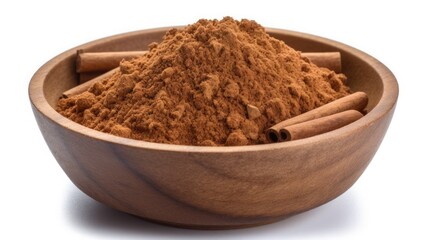 cinnamon powder, in wooden bowl on a table, white isolated background