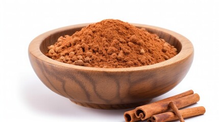 cinnamon powder, in wooden bowl on a table, white isolated background