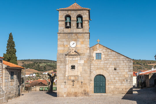 Portuguese Church and bell tower from the 17th century at Freixo do Numao. Council of Vila Nova de Foz Coa. Portugal. Douro Region.