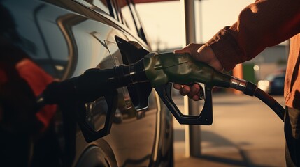 Man's hand grips a gasoline fuel nozzle, refuels his car with precision and care, essential connection between humans and their vehicles, ensuring they are powered and ready to embark on new journeys