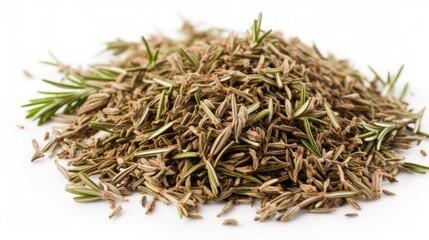 dried rosemary leaves on a table , white isolated background