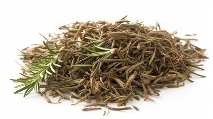 dried rosemary leaves on a table , white isolated background