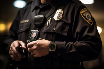 Closeup of police officer holding a portable radio transmitter in his hand