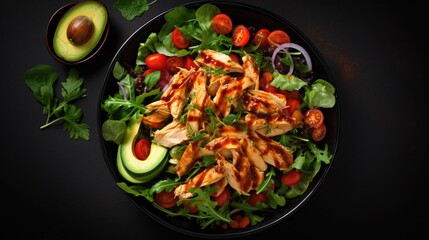 Mexican rotisserie chicken salad in black bowl on table, top view - obrazy, fototapety, plakaty