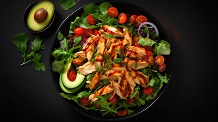 Poster Mexican rotisserie chicken salad in black bowl on table, top view © Usman