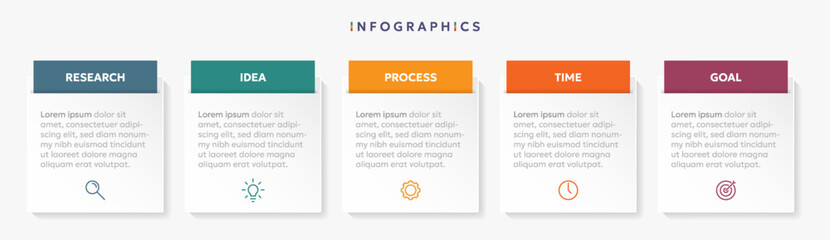 Modern business infographic template, square shape with 5 options or steps icons