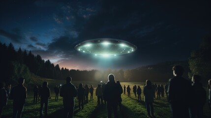 Night photo of UFO alien spaceship at night. Several people are fascinated looking at the UFO. Contact with extraterrestrial civilizations - obrazy, fototapety, plakaty