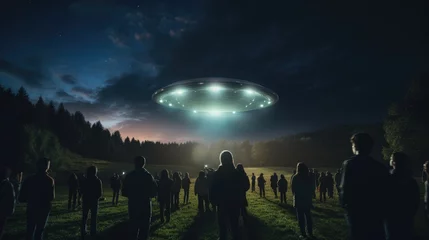 Poster Night photo of UFO alien spaceship at night. Several people are fascinated looking at the UFO. Contact with extraterrestrial civilizations © Usman