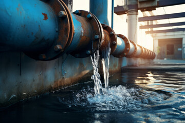 Water flowing from the pipes of an oil and gas power plant in the evening, water mains failure
 - obrazy, fototapety, plakaty