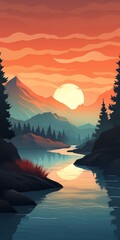a river with trees and mountains in the background - obrazy, fototapety, plakaty