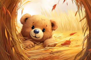 cartoon illustration of a bear in a grass den - obrazy, fototapety, plakaty
