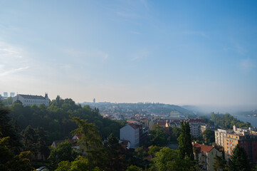 Prague, Czech Republic - September 27, 2023 - Panoramic view of Prague and the surrounding area while walking on Vysehrad.