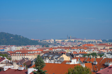 Fototapeta na wymiar Prague, Czech Republic - September 27, 2023 - Panoramic view of Prague and the surrounding area while walking on Vysehrad.