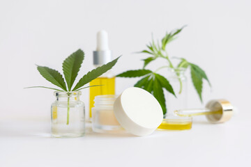 Obraz na płótnie Canvas Cream jar and pipette with CBD oil near green cannabis leaves closeup on white, Cosmetic mockup