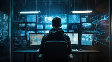 Back view of A hacker in the process of hacking the network. A person sitting in front of multiple monitors. Abstract image of a hacker. Computer security threat,