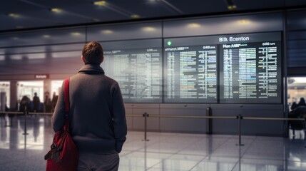 Back view of a man in front of an information board at the airport. He is waiting for the boarding announcement for his flight