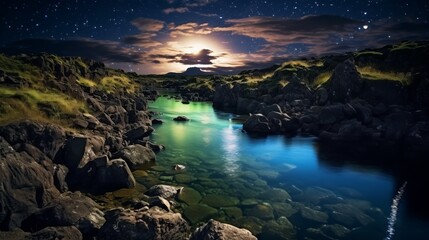 milky way sky with dense glowing river water under the moonlight