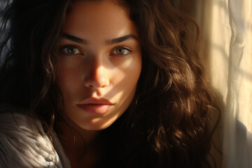 portrait of a Latina woman at the window with beautiful light highlights, long hair, expressive eyes - obrazy, fototapety, plakaty