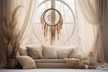 boho-style photo zone: bench with cushions by a large window, candles, dry plants, vases, dream catcher