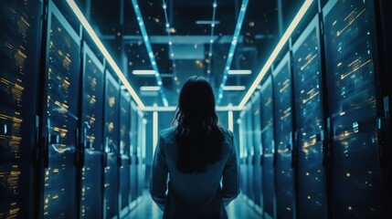 Collection and storage of large amounts of data. A young woman stands in a server room with a tablet PC, controls the smooth operation of all servers