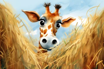 Deurstickers cartoon illustration of a giraffe in a grass nest © imur