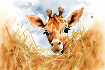 cartoon illustration of a giraffe in a grass nest