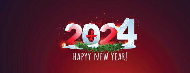 2024 Happy new year celebration banner. Happy new year celebration. Happy New Year poster banner with snow. 2024 post celebration. 2024 New year modern post with snow. Christmas greeting cover