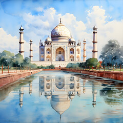 Naklejka premium Watercolor background of a mosque and the Taj Mahal,