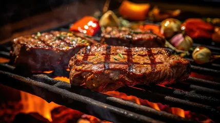 Schilderijen op glas steak grilled bbq food illustration ribs pork, kebab skewer, burger hotdog steak grilled bbq food © vectorwin