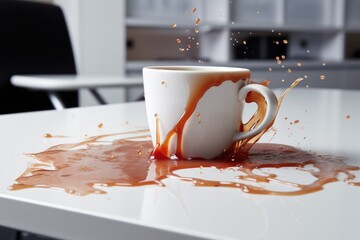 Cup Spill - Hot Coffee Dripped and Stained the Table Surface with Brown Liquid in Busy Morning Office - obrazy, fototapety, plakaty