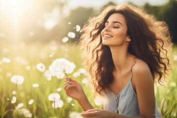 Summer Freedom: Beautiful Young Woman Blowing Dandelion in a Green Field. Allergy-Free Concept. Female Beauty in Nature - obrazy, fototapety, plakaty