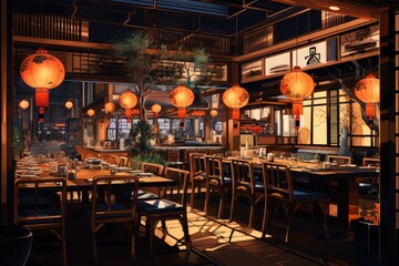 Fancy Asian Restaurant Interior Design Illustration of Oriental Eatery with Japanese and Chinese Influences in Tokyo - obrazy, fototapety, plakaty