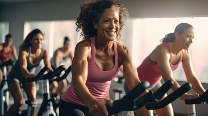Group of women of different ages and races during cycling workout. Group fitness classes on exercise bikes. Workouts for any age. Be healthy in any age. Photo against a bright, gym studio background - obrazy, fototapety, plakaty