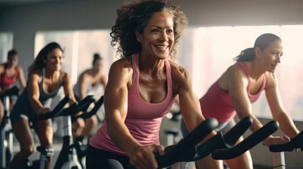 Fototapete Fitness Group of women of different ages and races during cycling workout. Group fitness classes on exercise bikes. Workouts for any age. Be healthy in any age. Photo against a bright, gym studio background