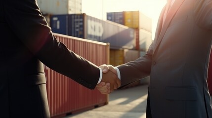 Handshake of two businessmen against the backdrop of a large container warehouse. Global transactions and cargo transportation around the world