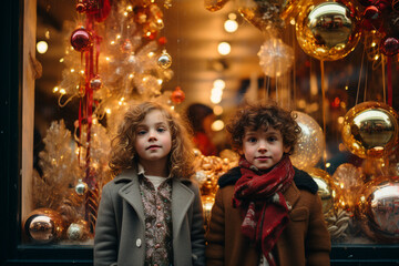 Obraz na płótnie Canvas Generative AI happy children visiting winterland fair Christmas atmosphere