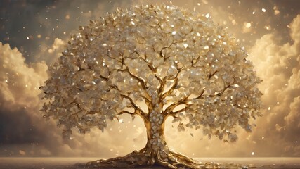 Fototapeta na wymiar Tree Made of Gold and Diamonds in Heaven background