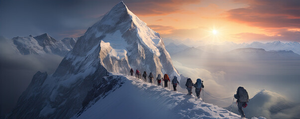 A group of tourists climbing on the mountains. generative ai - obrazy, fototapety, plakaty