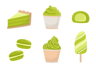 Matcha tea dessert. Set of matcha ice cream, macaron, mochi in flat style. 