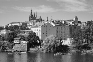 Prague, Czech Republic - September 28, 2023 - View of Charles Bridge, old town, Vltava River during Prague National Day.